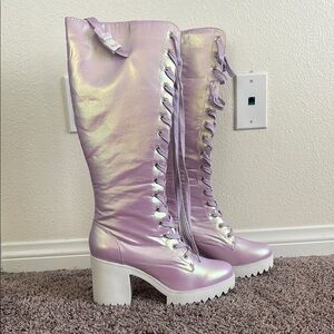 Iridescent Lace Up Knee-High Boots with Chunky Sole
